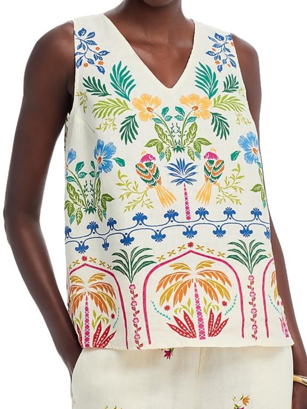 Johnny Was XS Linen Button Back Tank Top Soller Tropical Print NWT